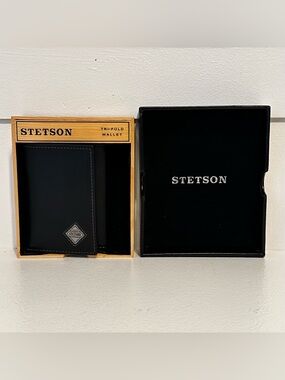 STETSON Top Grain Leather Tri-Fold Wallet Black New In Box